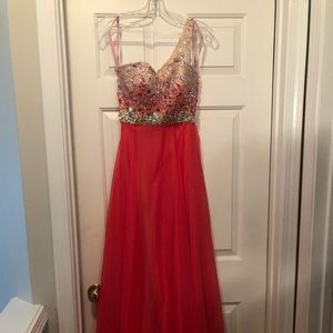 Bright coral beaded prom dress